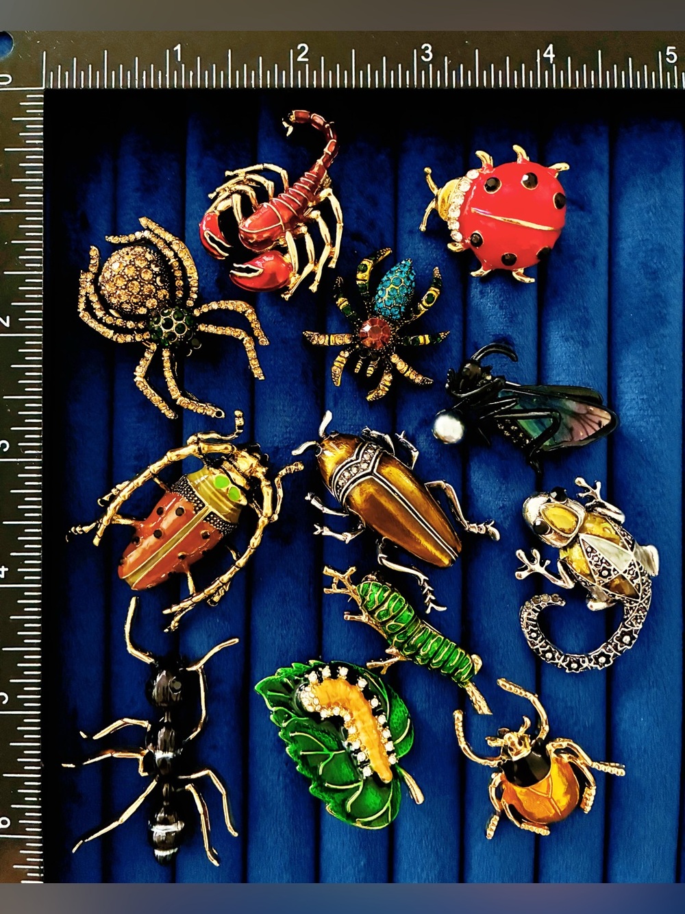 Lot of 12 Insect Brooches Rhinestone Enamel Beetle Spider Ant Lizard Pins Set